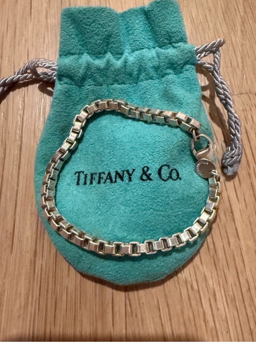 Tiffany & Co. Sterling Silver Box Link Bracelet w/Signature Turquoise Pouch &box